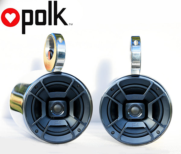 Pair of Single Polished Bullet Speaker Pod Polk DB652 300Watt Marine Speaker Installed