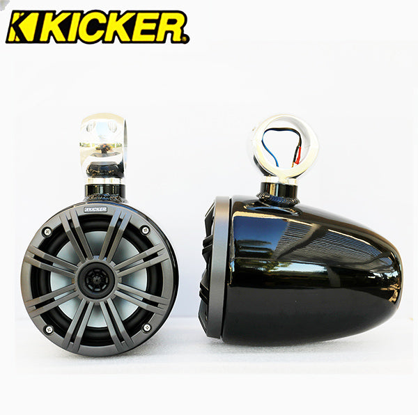 New! Pair of Angle Free Mountable Aluminum Black Coated Pods Kicker KM654CW Marine Speaker Installed